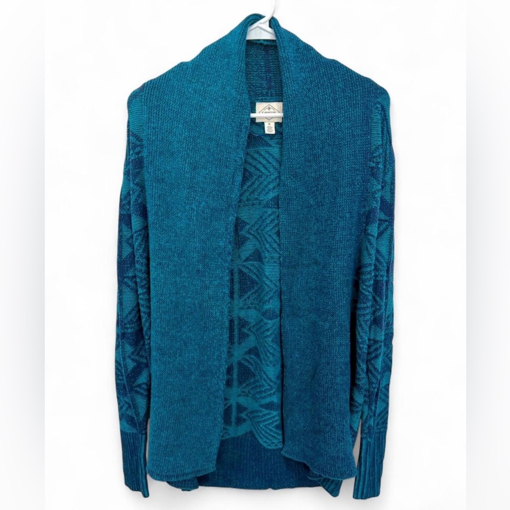 St John's Bay Open Front Knit Cardigan Medium Texured Shawl Collar Jacquard Teal